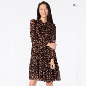 NWT J Crew Tie-Neck Tiered Dress in Leopard Crinkle Chiffon S